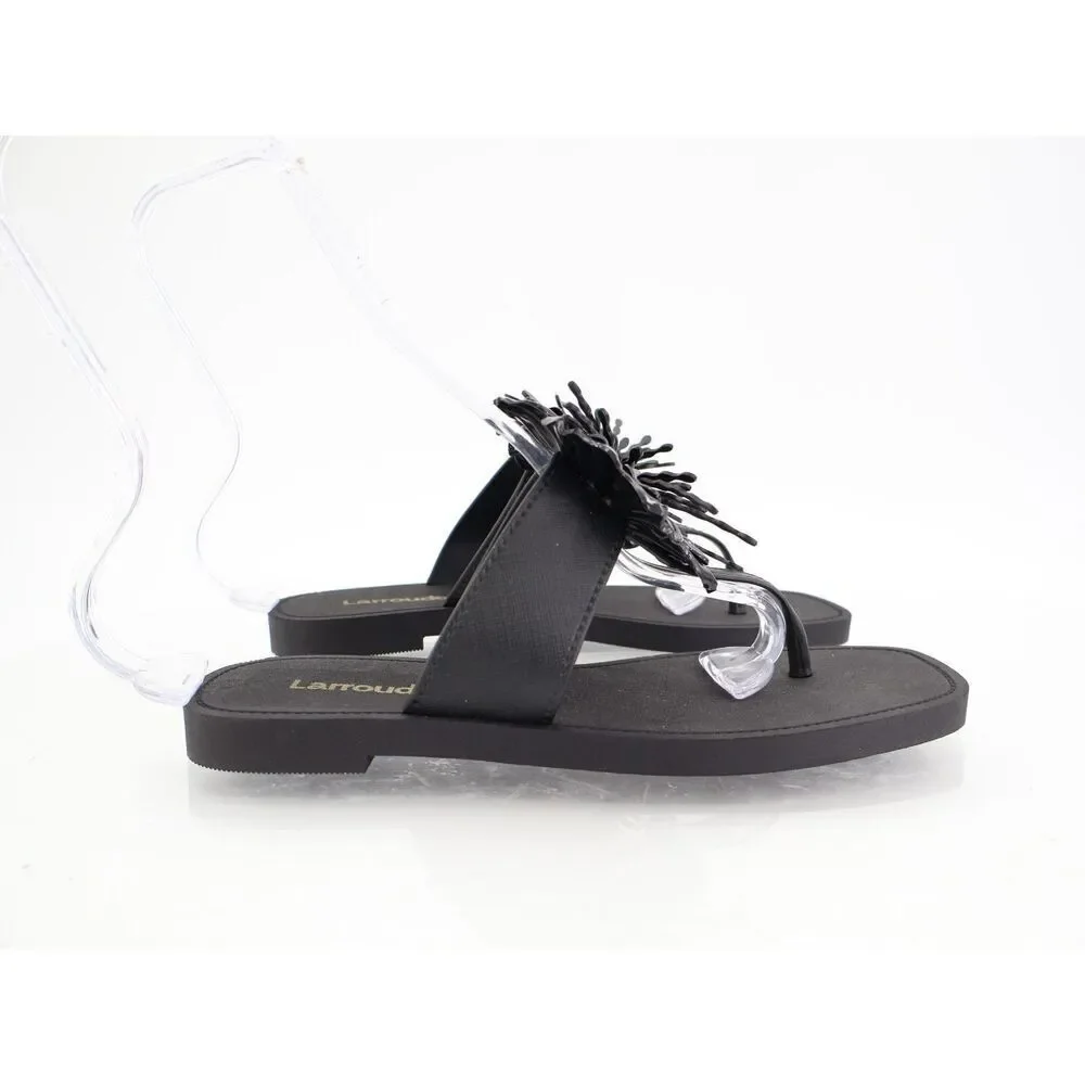 Larroude Hibiscus Sandals Slide Thong Size 6/7 Black Slip On Rubber Beach